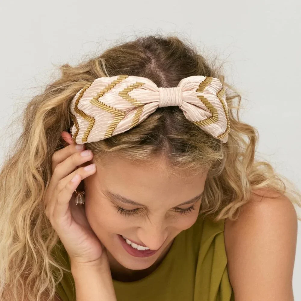 Women's Satin Headband Pink Zig Zag Crinkle Handmade Beaded Accessory